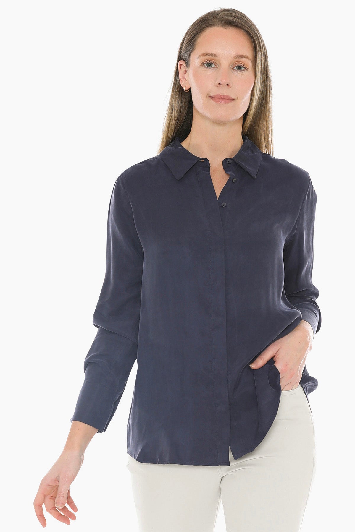 Long Sleeve Cupro Shirt in Midnight