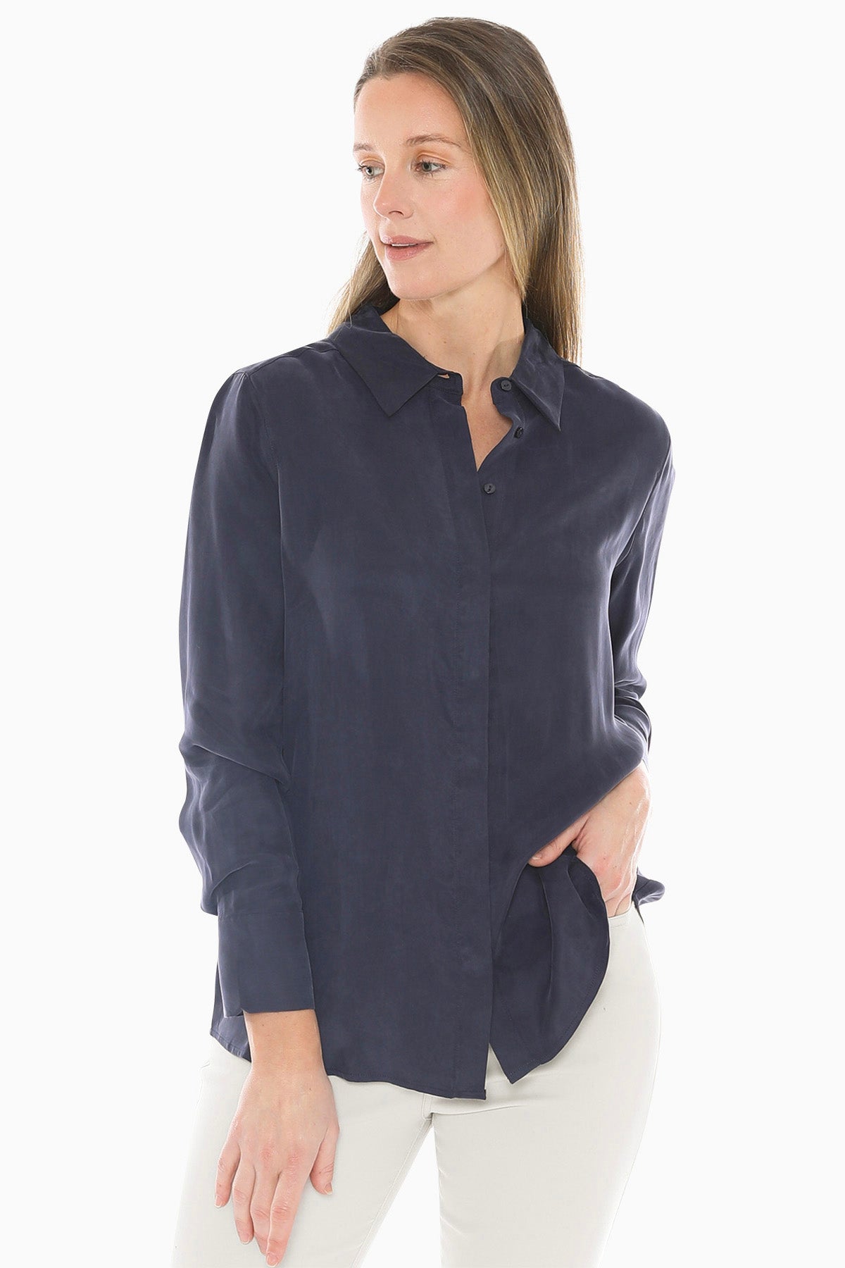 Long Sleeve Cupro Shirt in Midnight