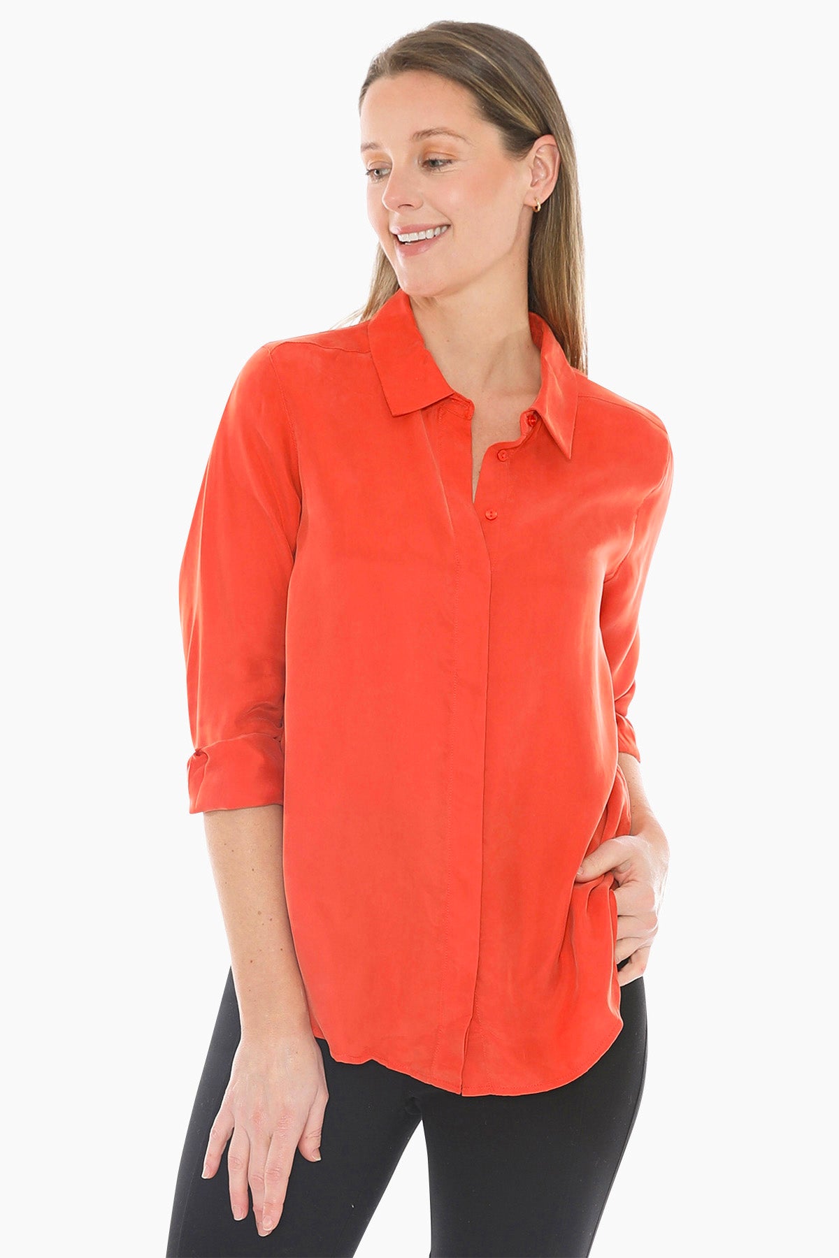 Long Sleeve Cupro Shirt in Nectarine
