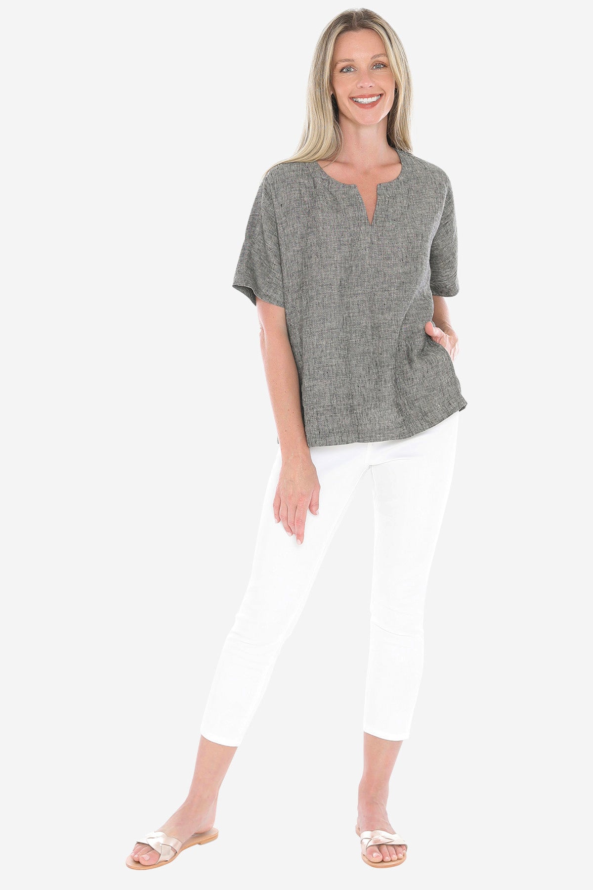 Womens 2 Pocket Linen Top Grey 596j3160a