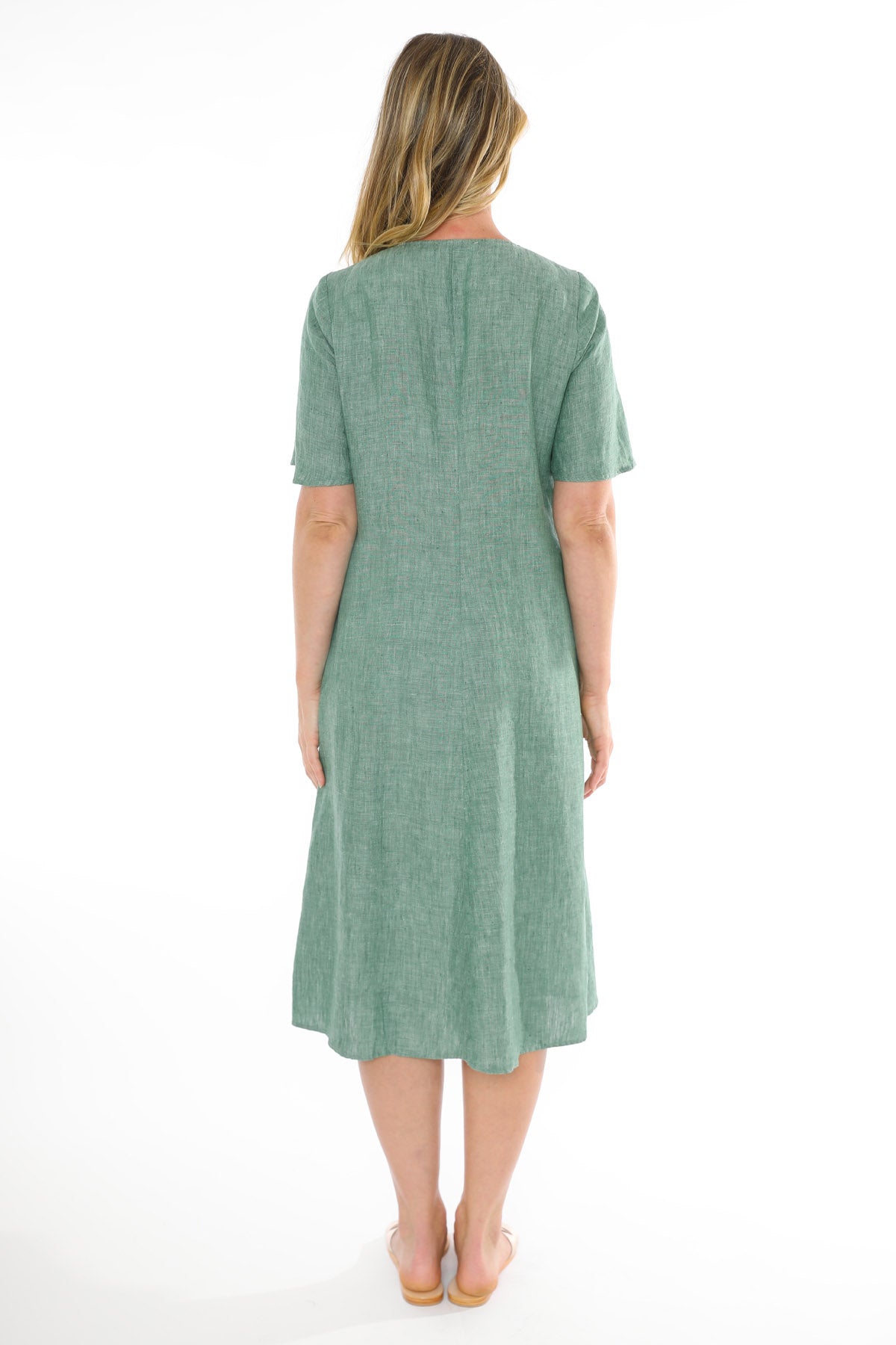 Women's Gathered Waist V-Neck Dress in Green