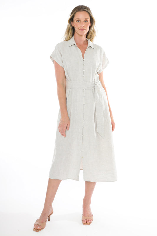 Women's Short Sleeve Belted Linen Dress in Brown