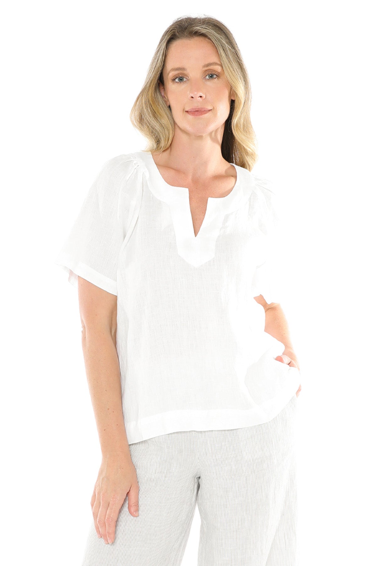 Women's V-Neck Flutter Short Sleeve Top in White