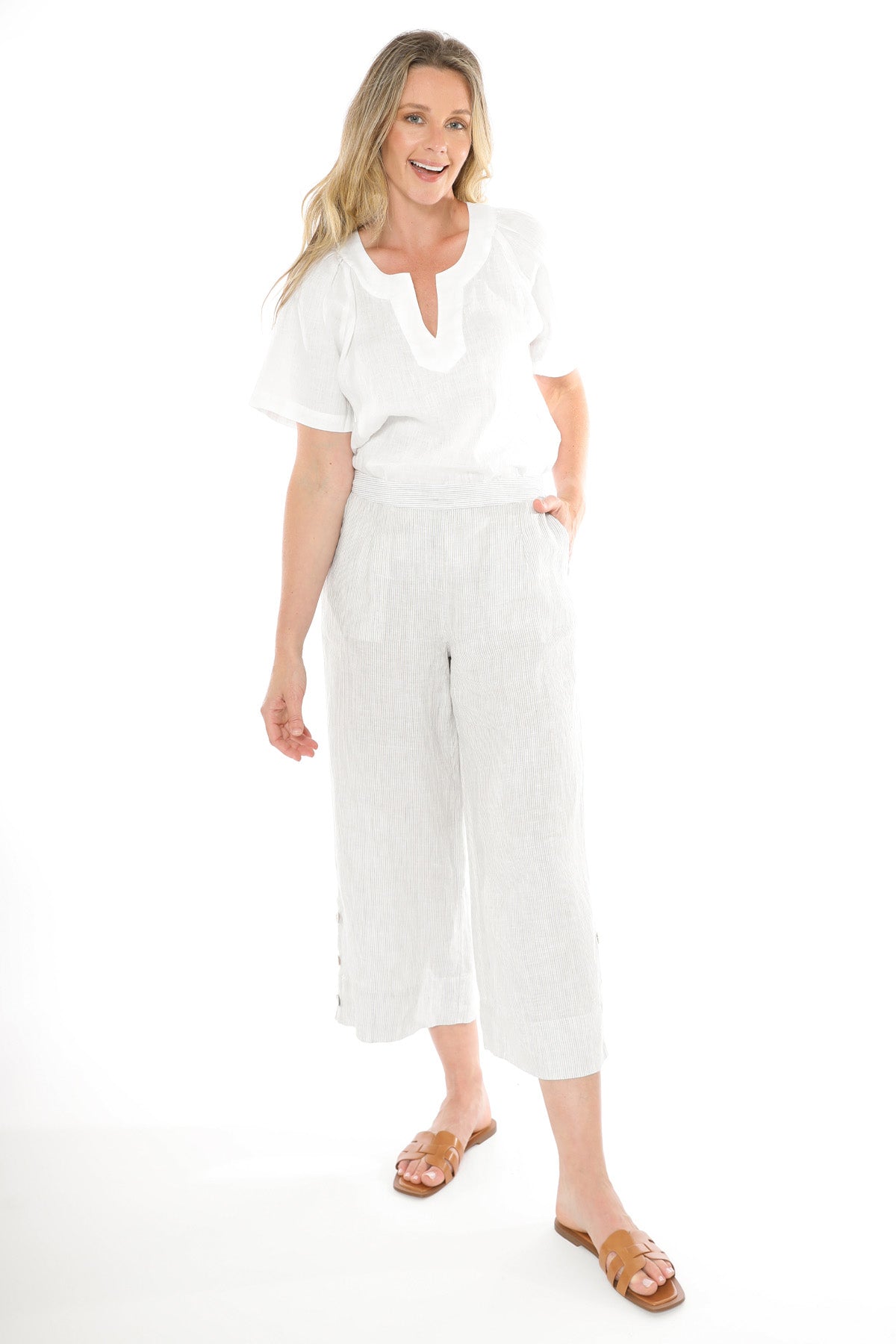 Women's V-Neck Flutter Short Sleeve Top in White