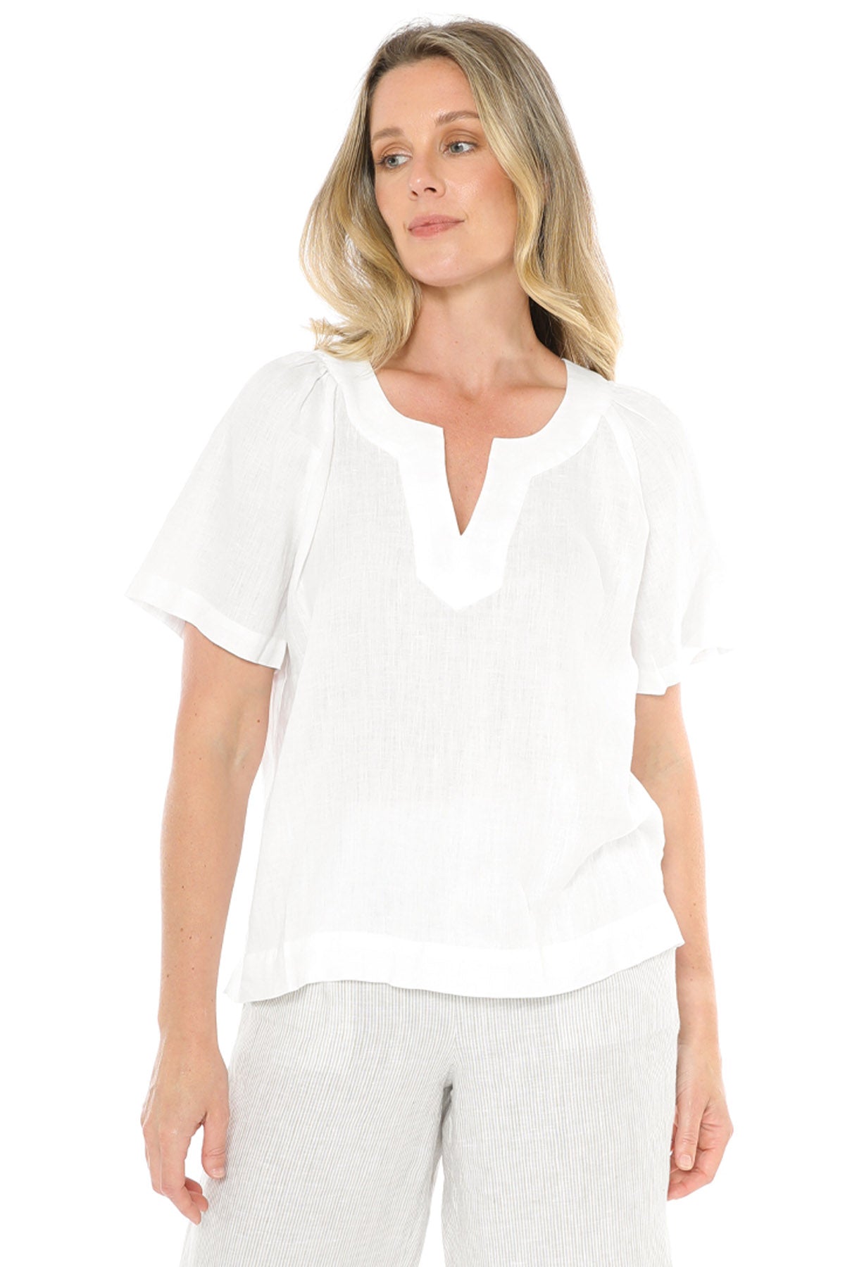 Women's V-Neck Flutter Short Sleeve Top in White
