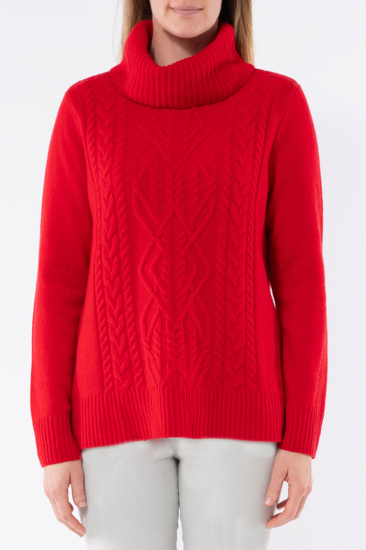 Cowl Neck Cable Pullover Red
