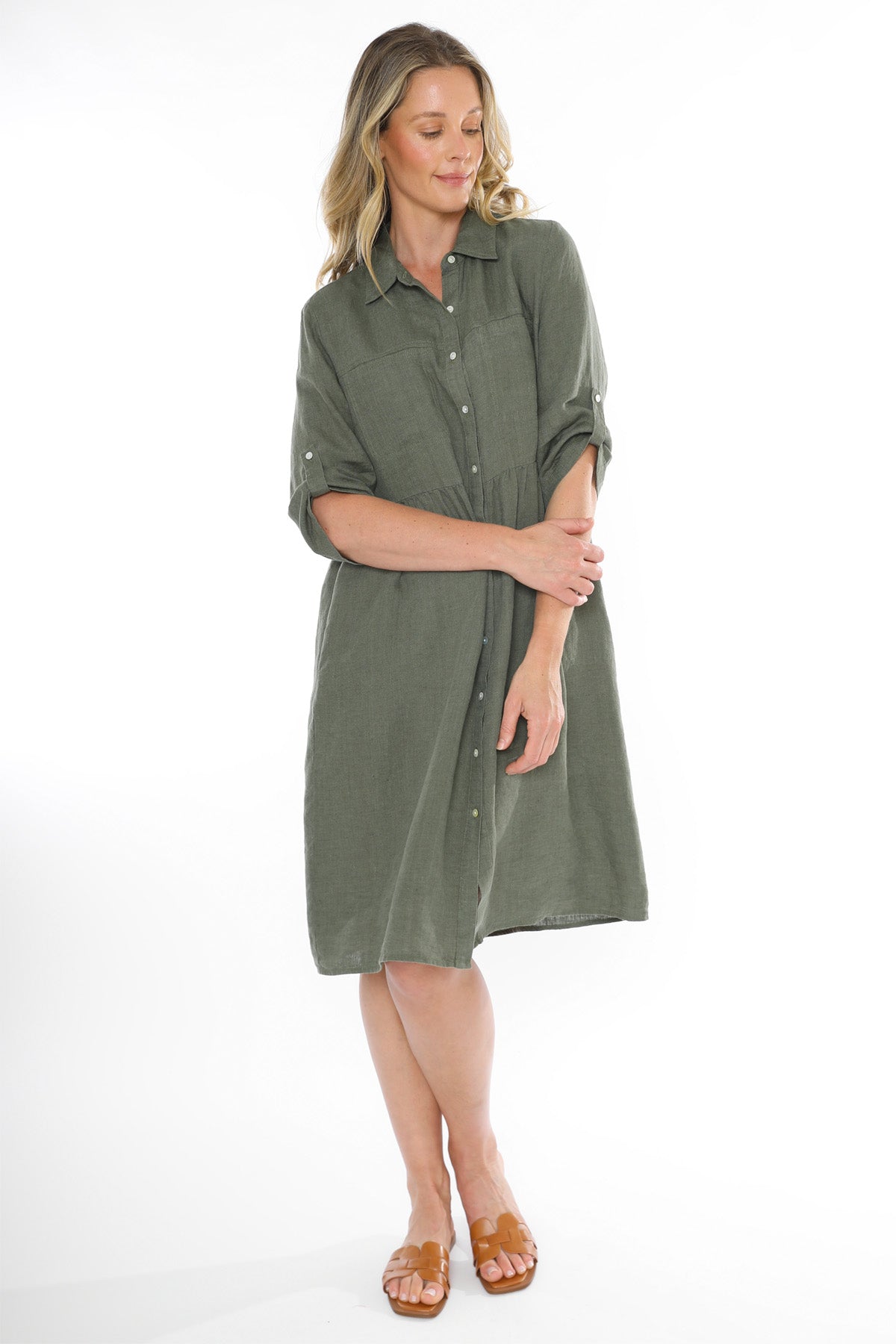 Women's Two Pocket Linen Dress in Green