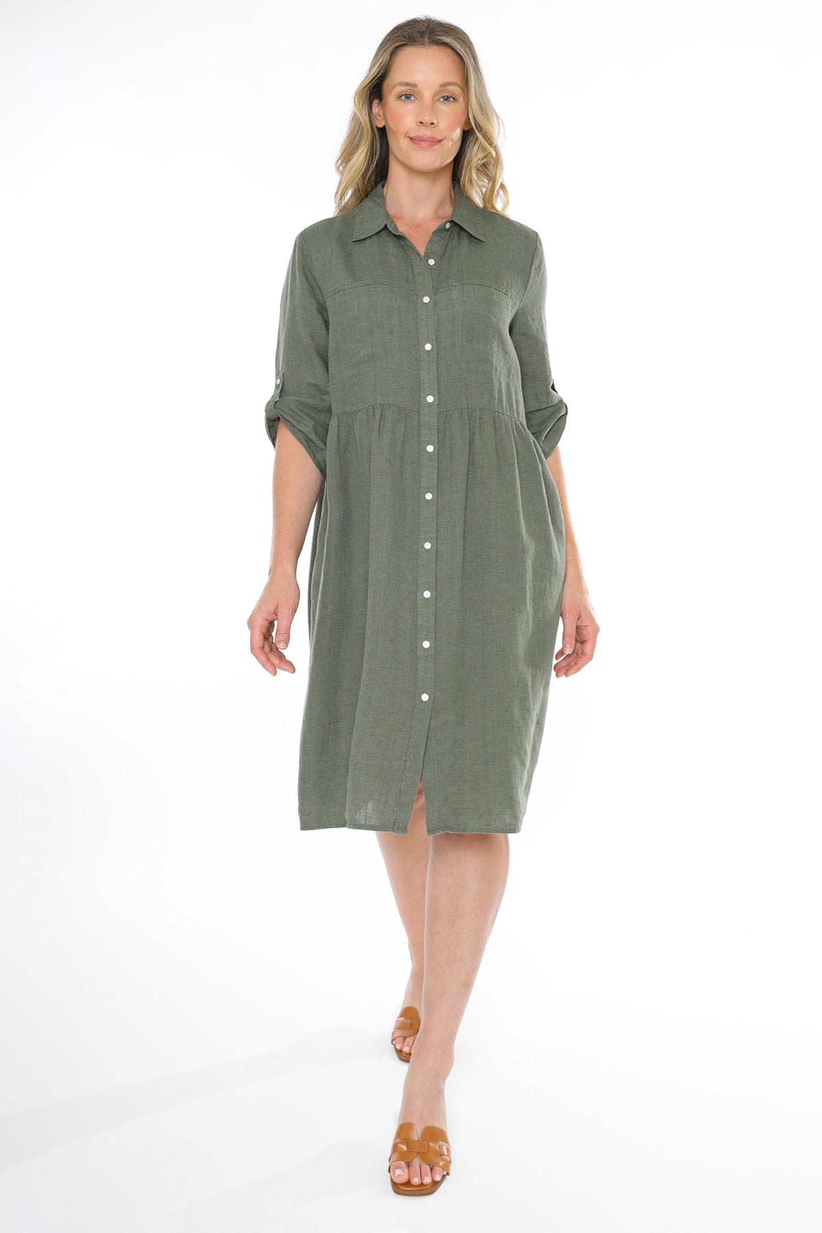 Women's Two Pocket Linen Dress in Green