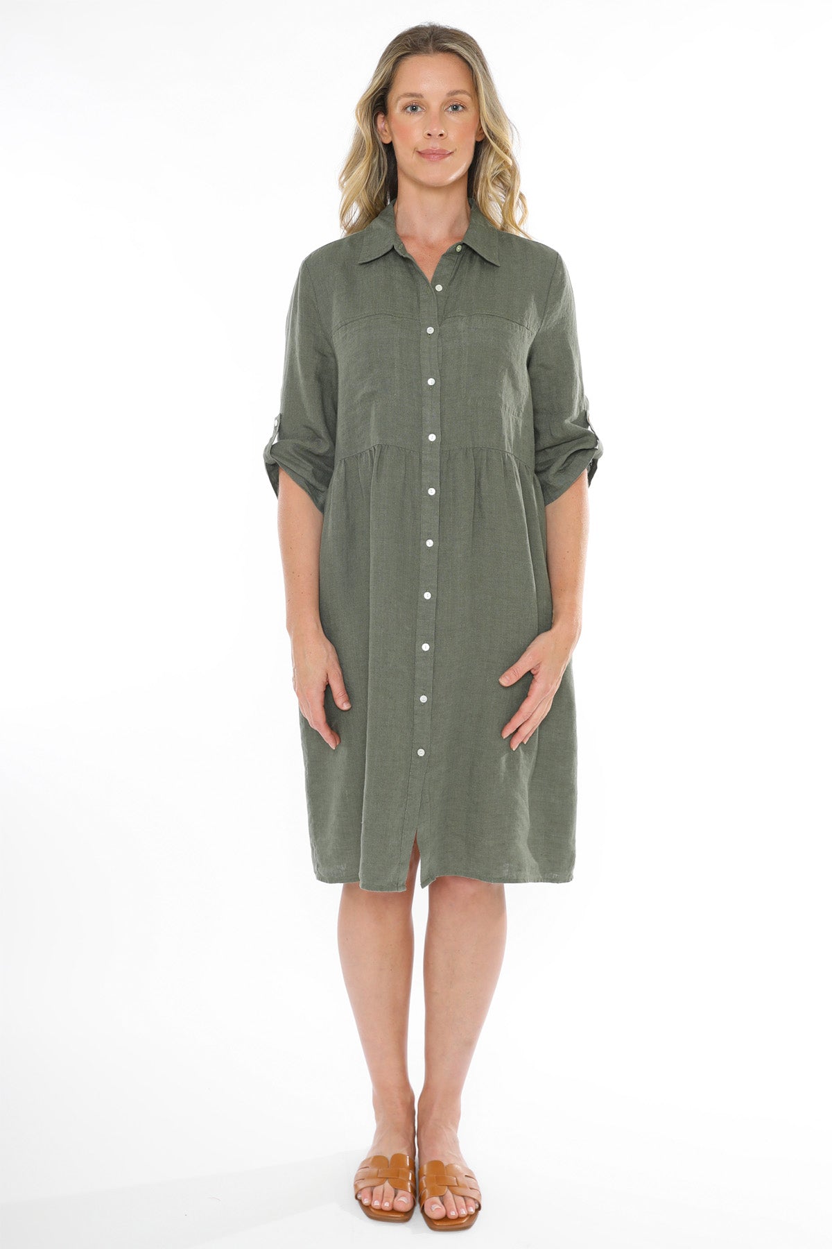 Women's Two Pocket Linen Dress in Green