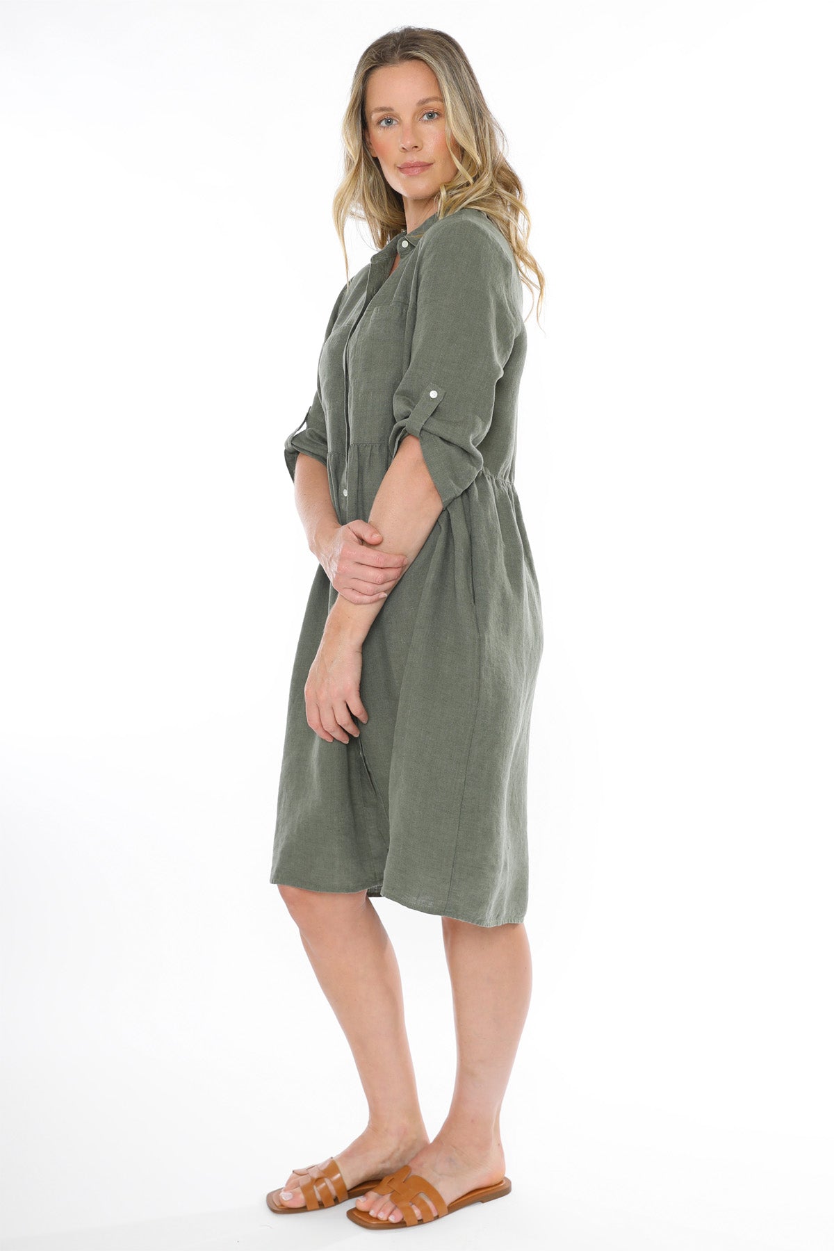 Women's Two Pocket Linen Dress in Green