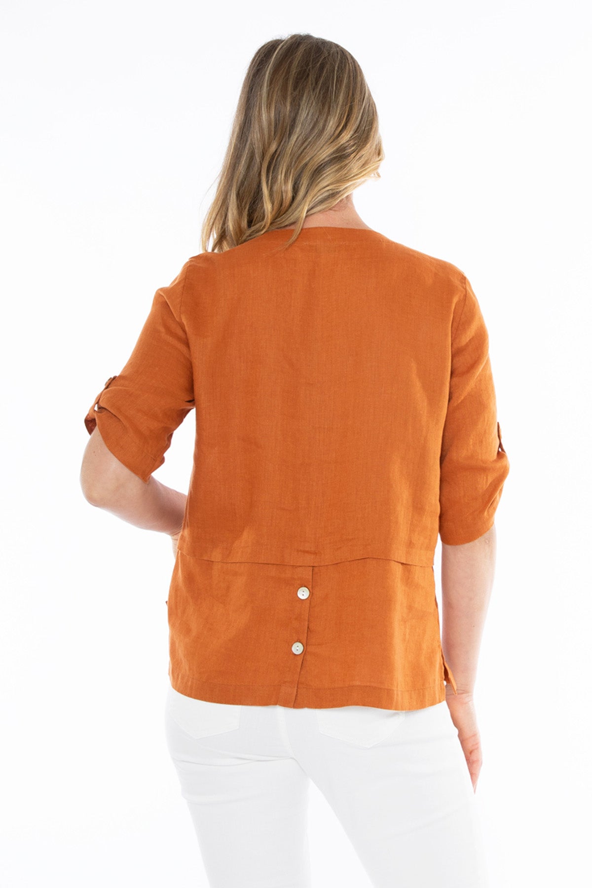 Women's V-Neck Tab Sleeve Top in Orange