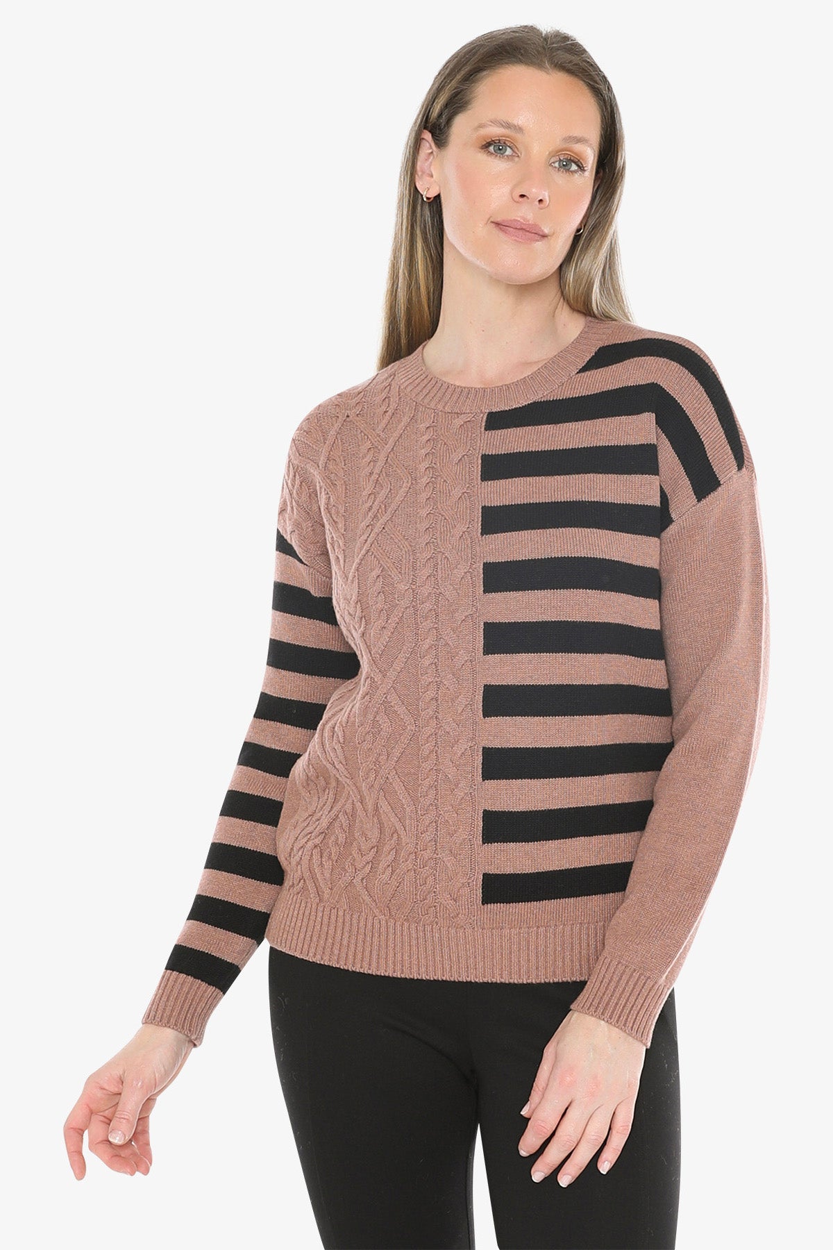 Cable Striped Pullover in Clay Combo