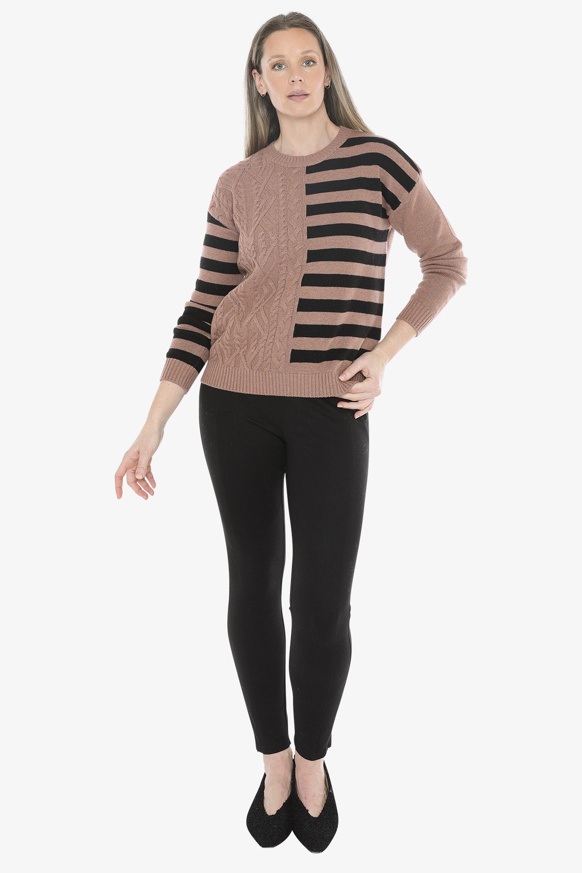 Cable Striped Pullover in Clay Combo