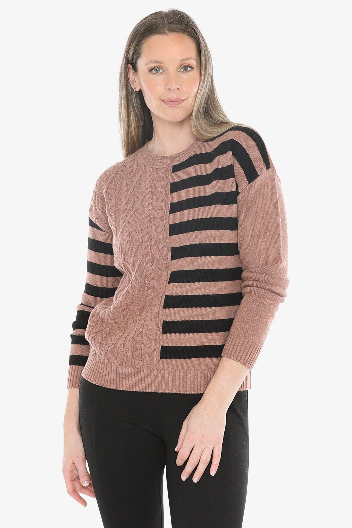 Cable Striped Pullover in Clay Combo