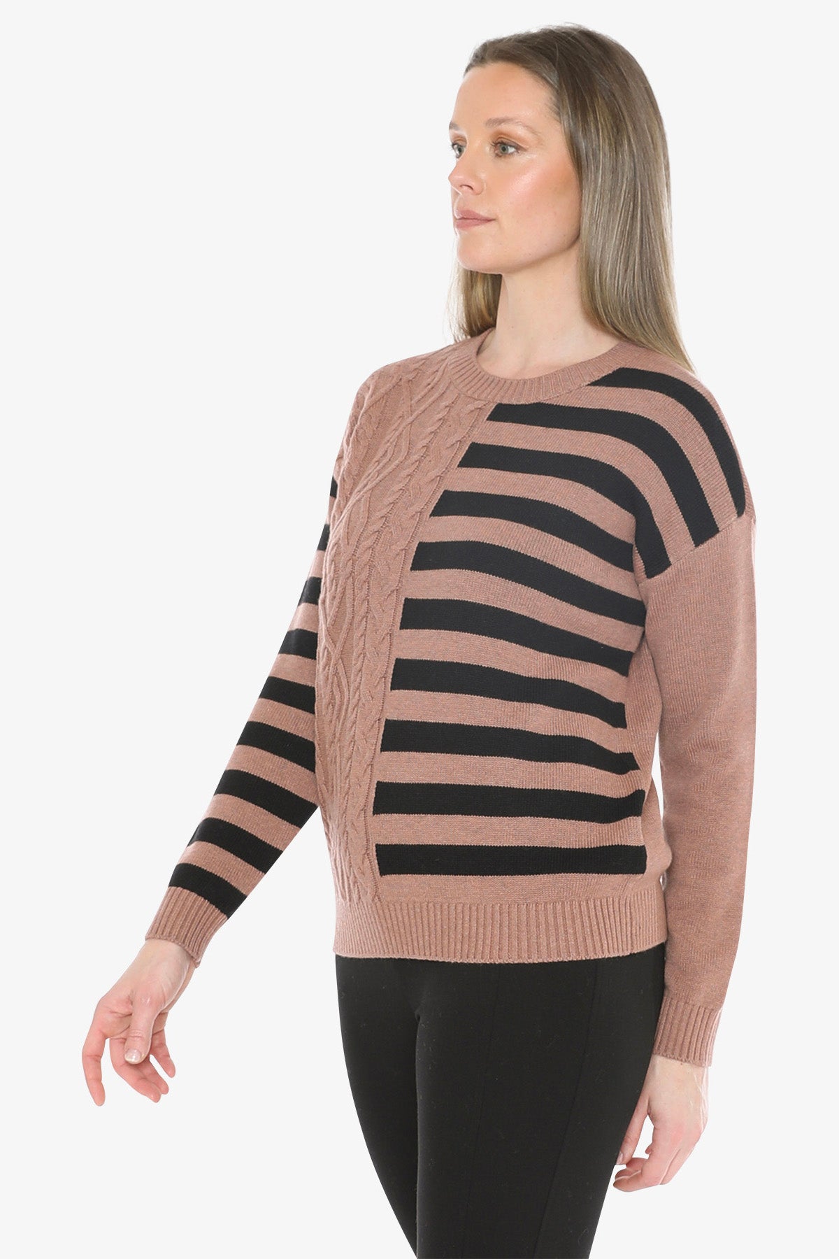 Cable Striped Pullover in Clay Combo