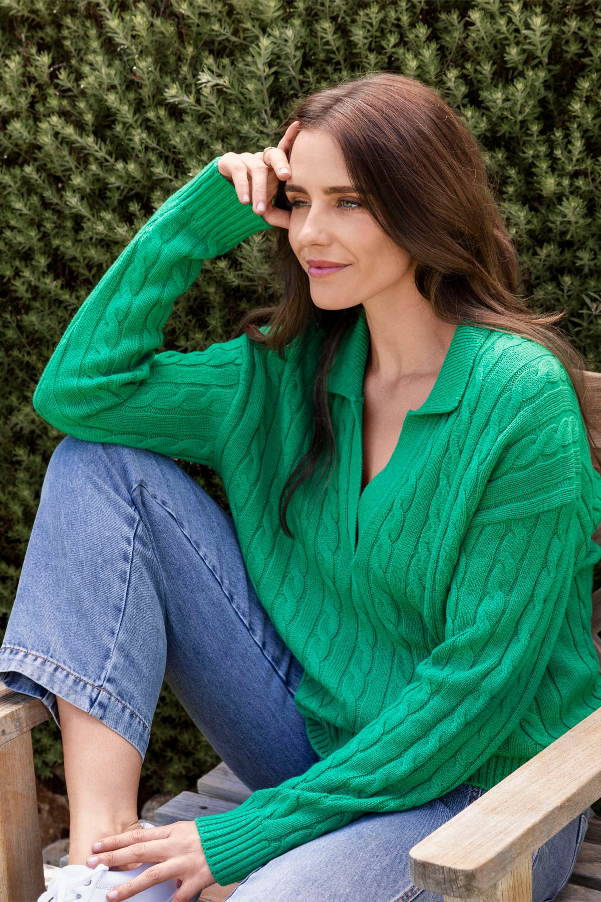 Womens Collared Cable Pullover Green 58611031a