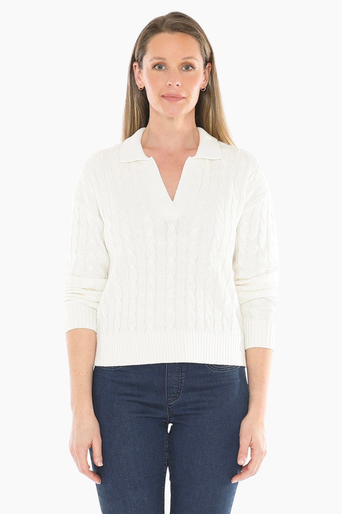 Womens Collared Cable Pullover White 58611031a