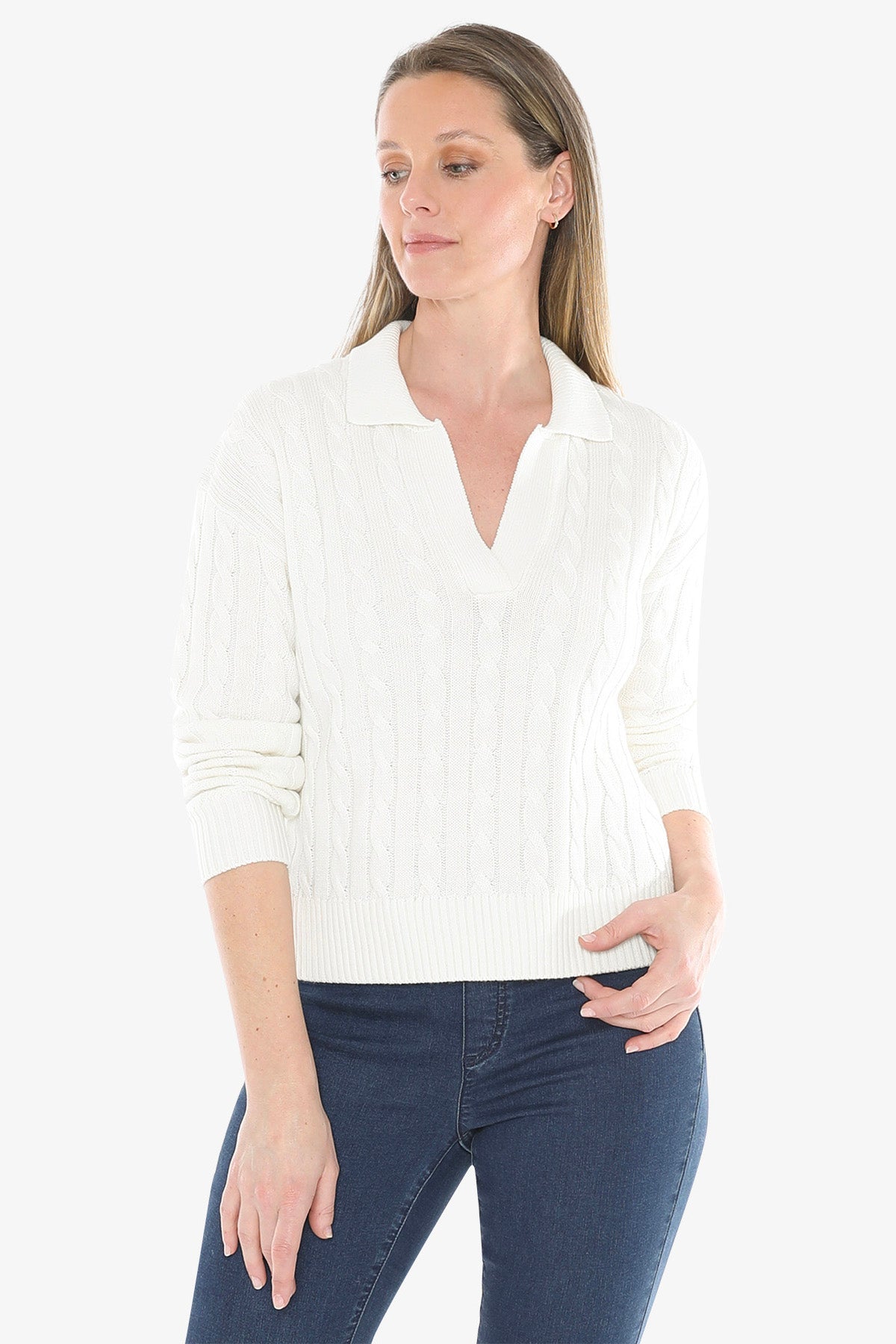 Womens Collared Cable Pullover White 58611031a