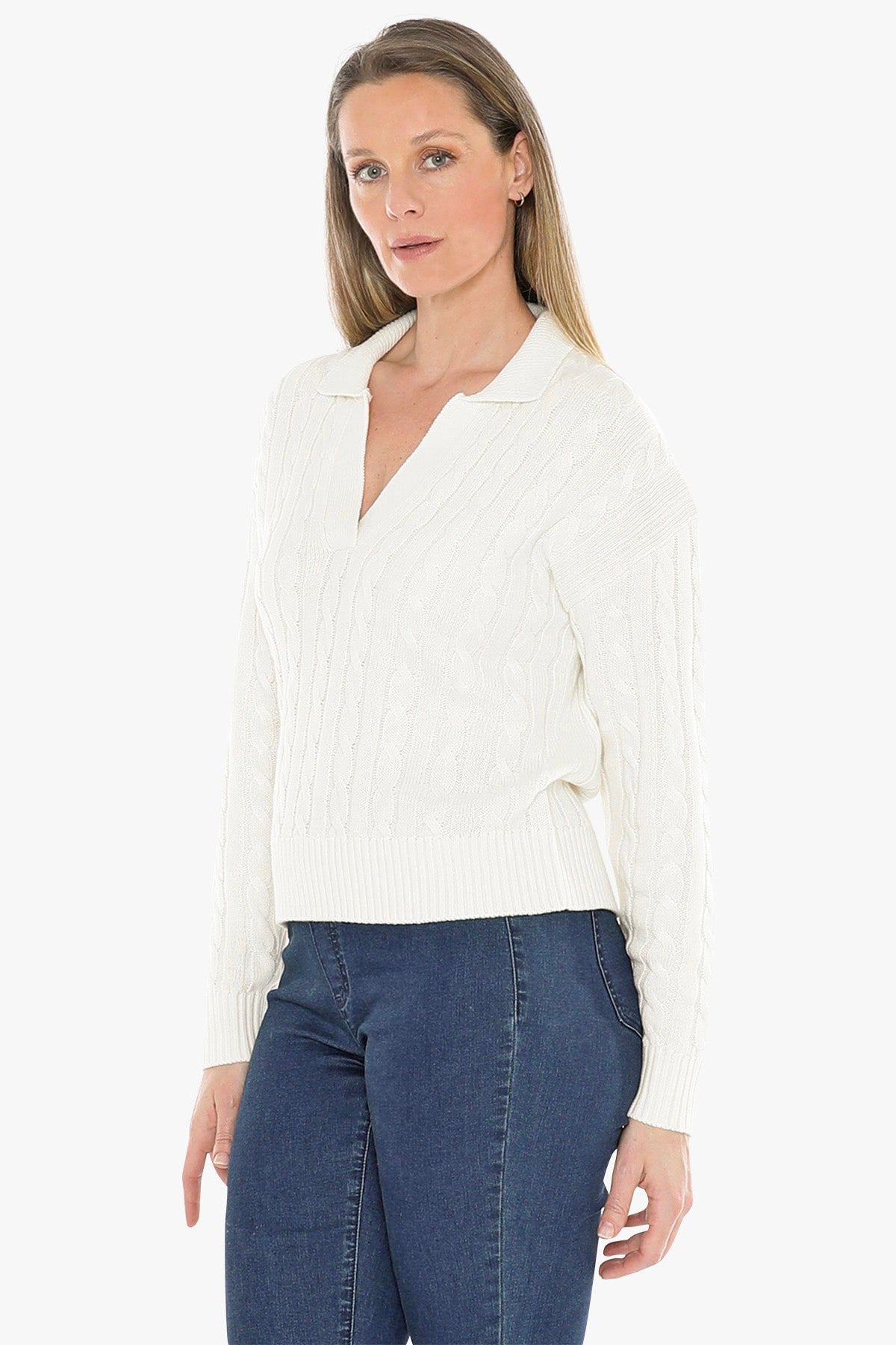 Womens Collared Cable Pullover White 58611031a