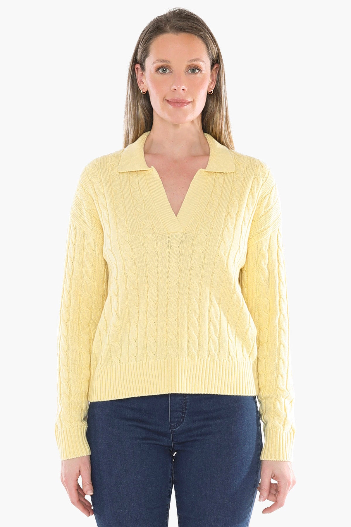 Womens Collared Cable Pullover Yellow 58611031a