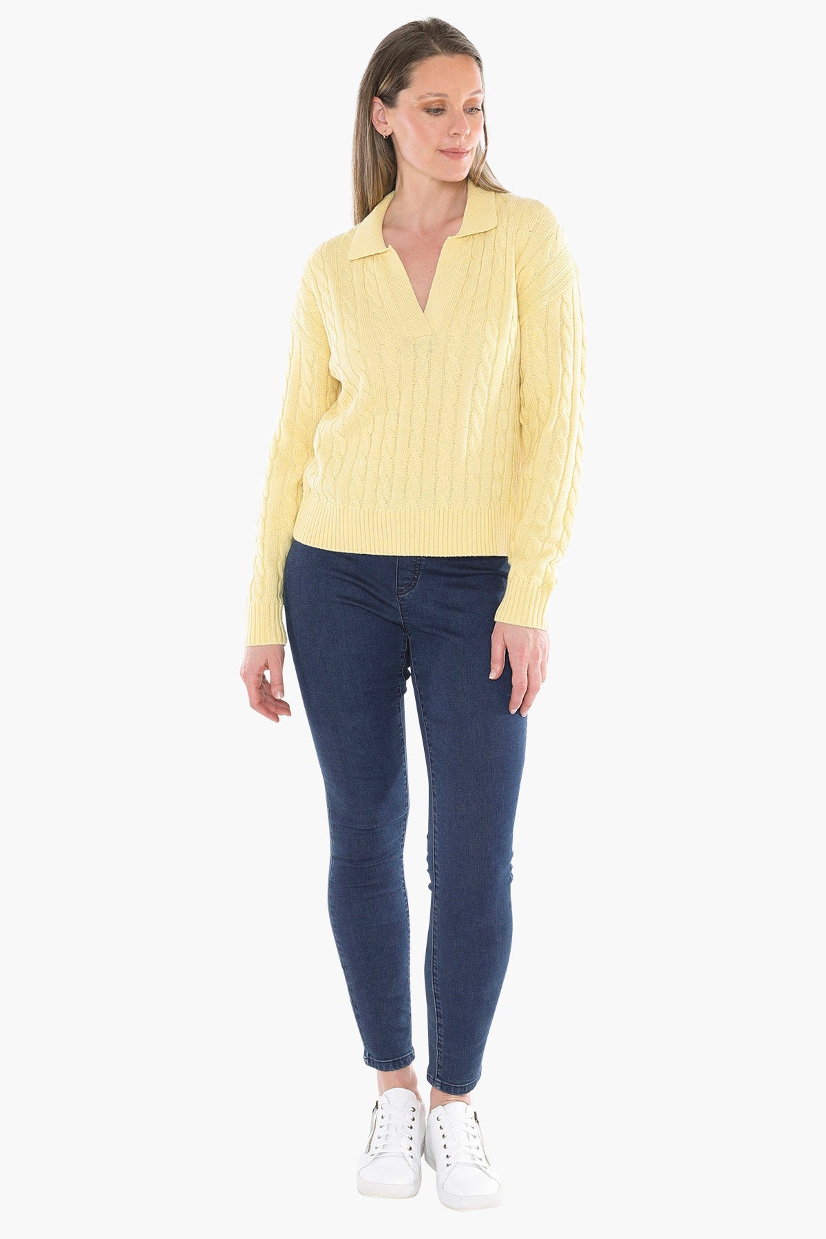 Womens Collared Cable Pullover Yellow 58611031a