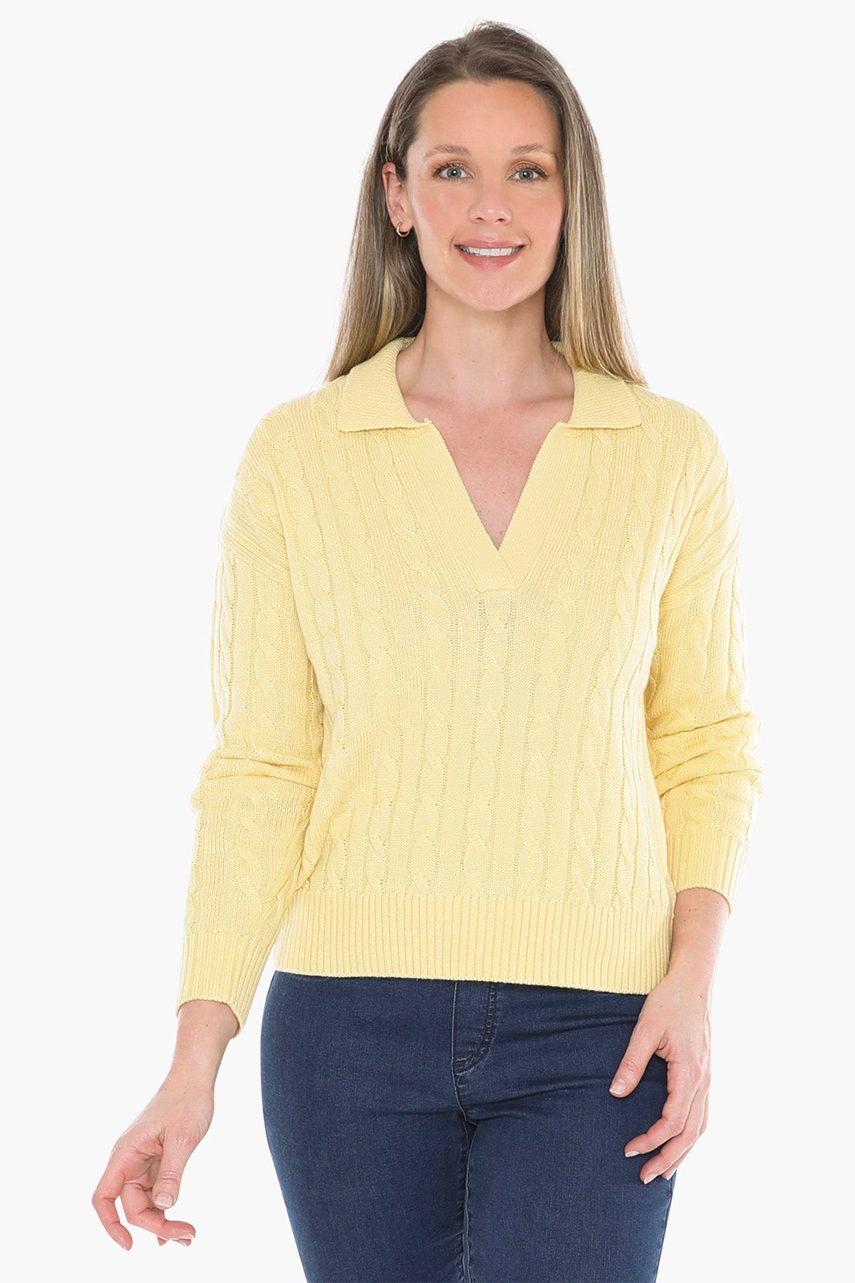 Womens Collared Cable Pullover Yellow 58611031a