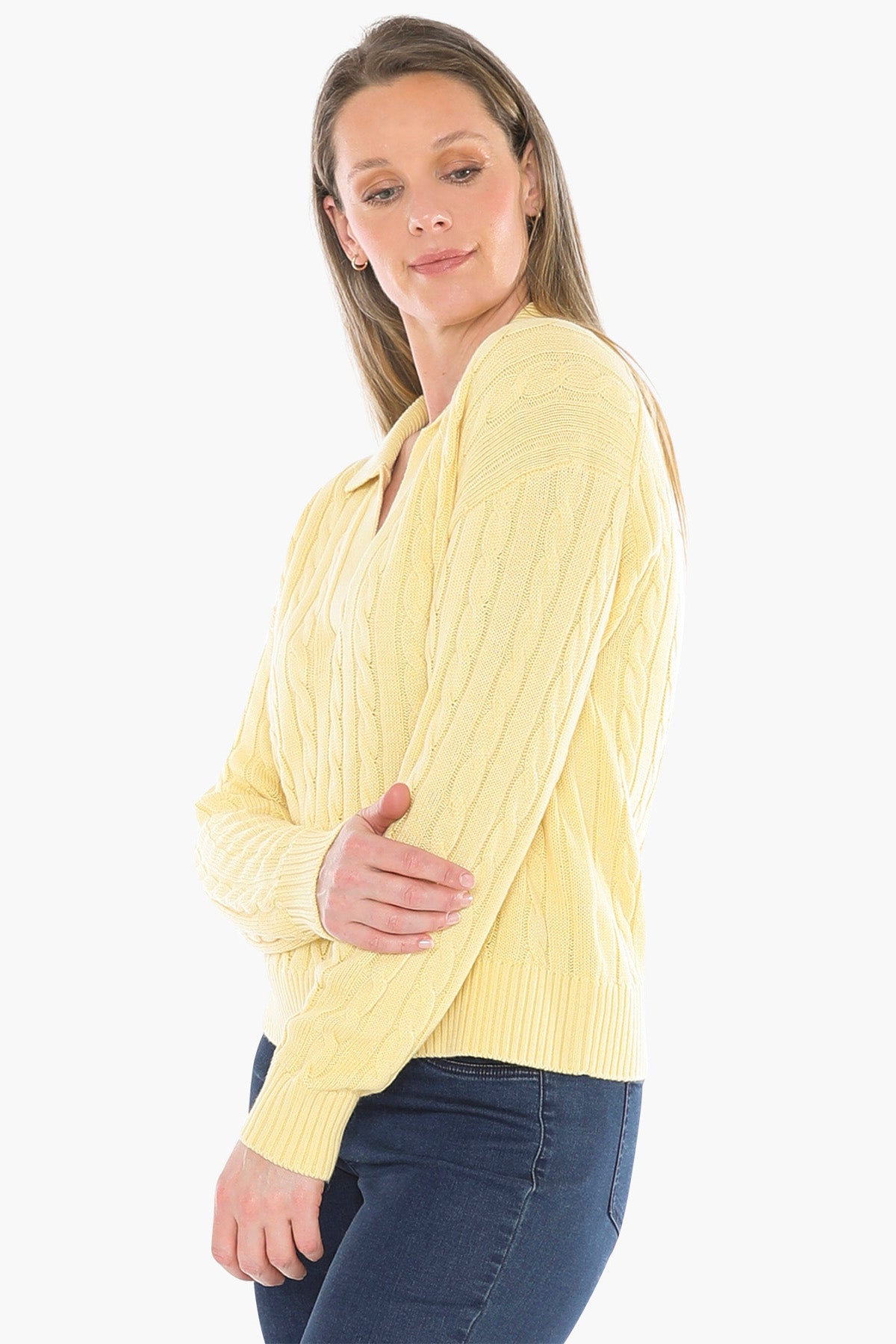 Womens Collared Cable Pullover Yellow 58611031a