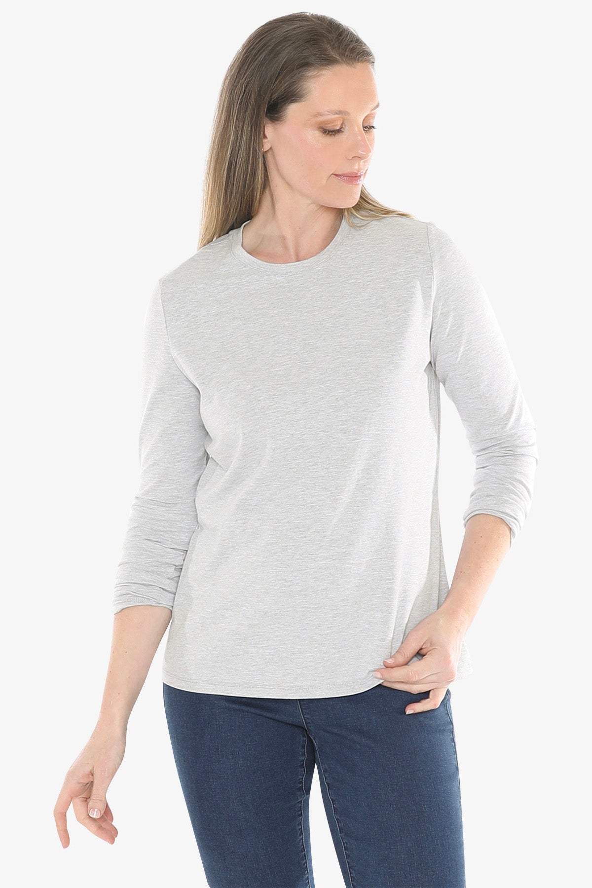 Crew Neck Long Sleeve Tee in Grey Marle