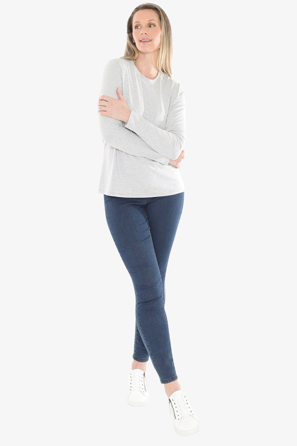 Crew Neck Long Sleeve Tee in Grey Marle