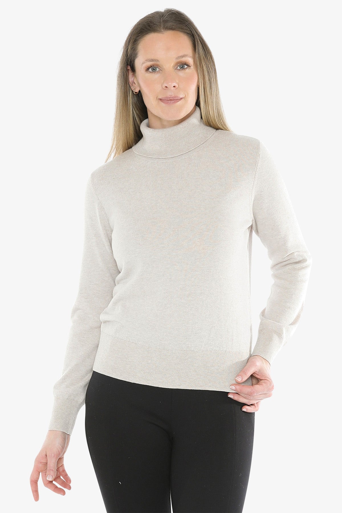 Long Sleeve Roll Neck Pullover in Stone Marle