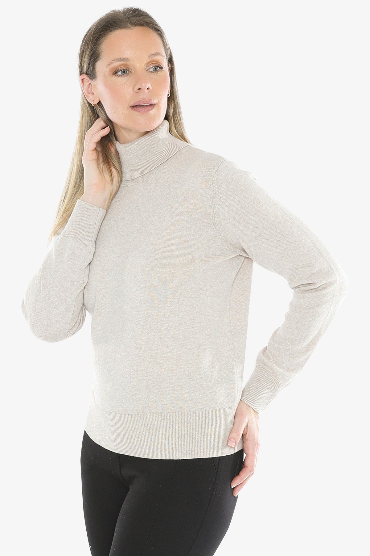 Long Sleeve Roll Neck Pullover in Stone Marle