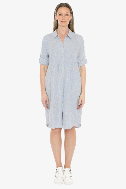 Mini Check Collar Dress in Chambray/White