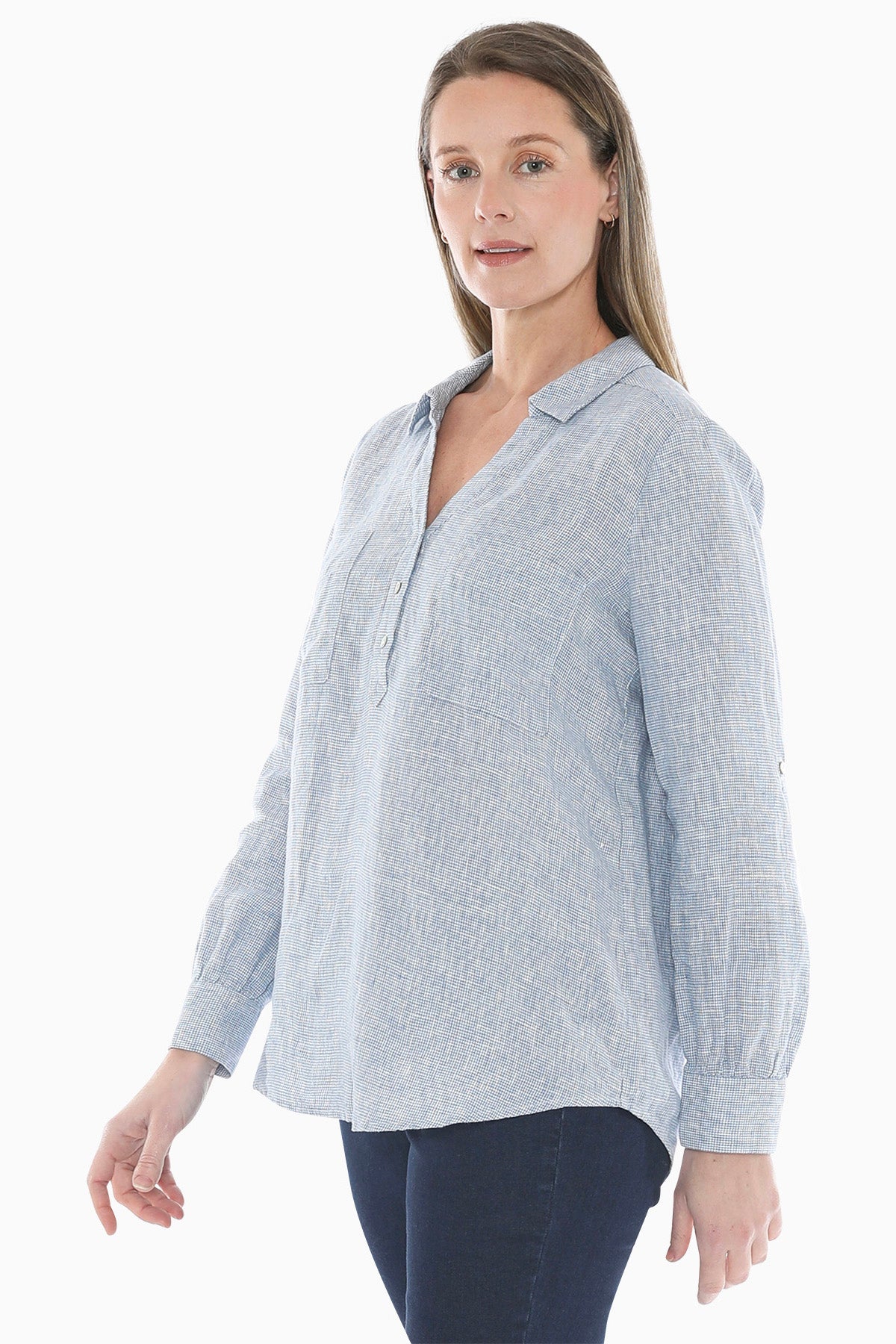 Mini Check Pocket Shirt in Chambray/White