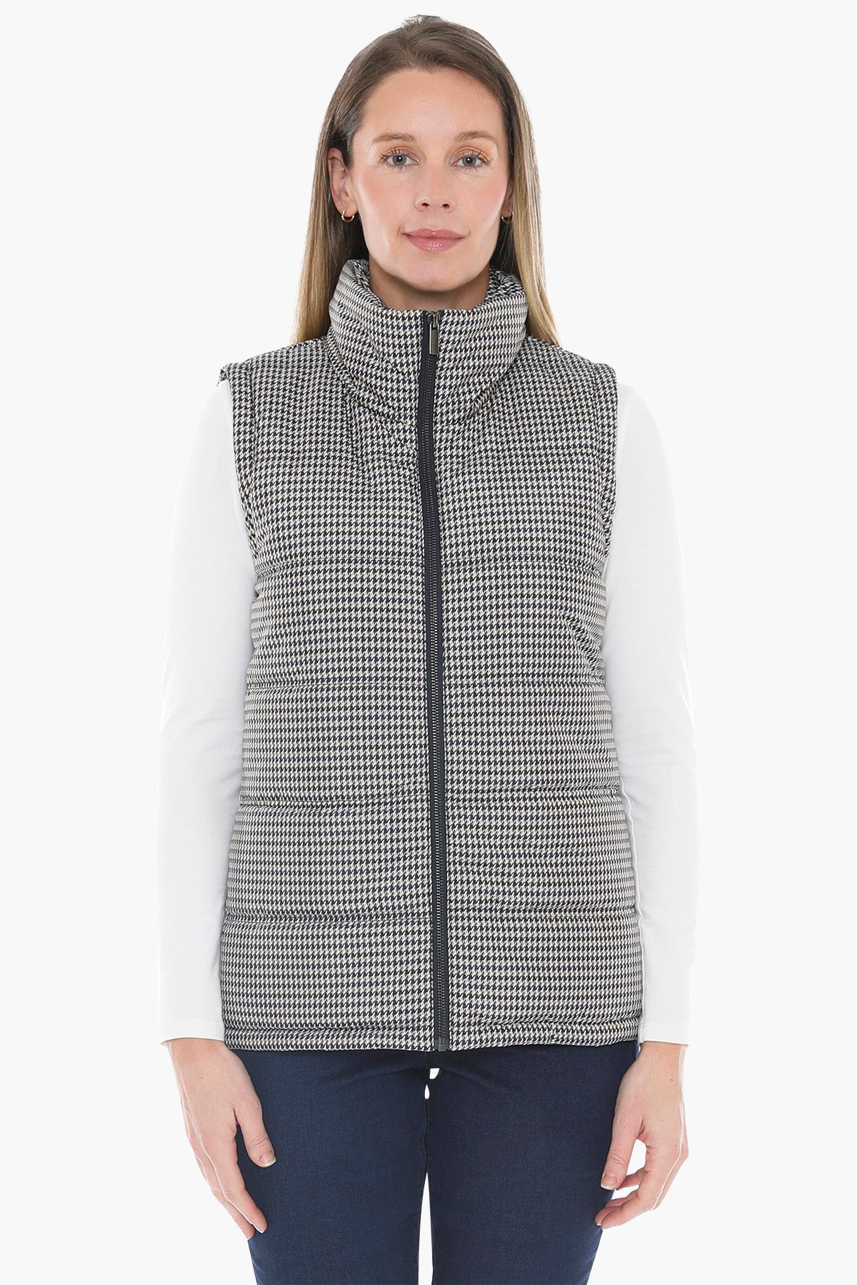 Womens multi houndstooth puffer vest multicolor 586j4063a