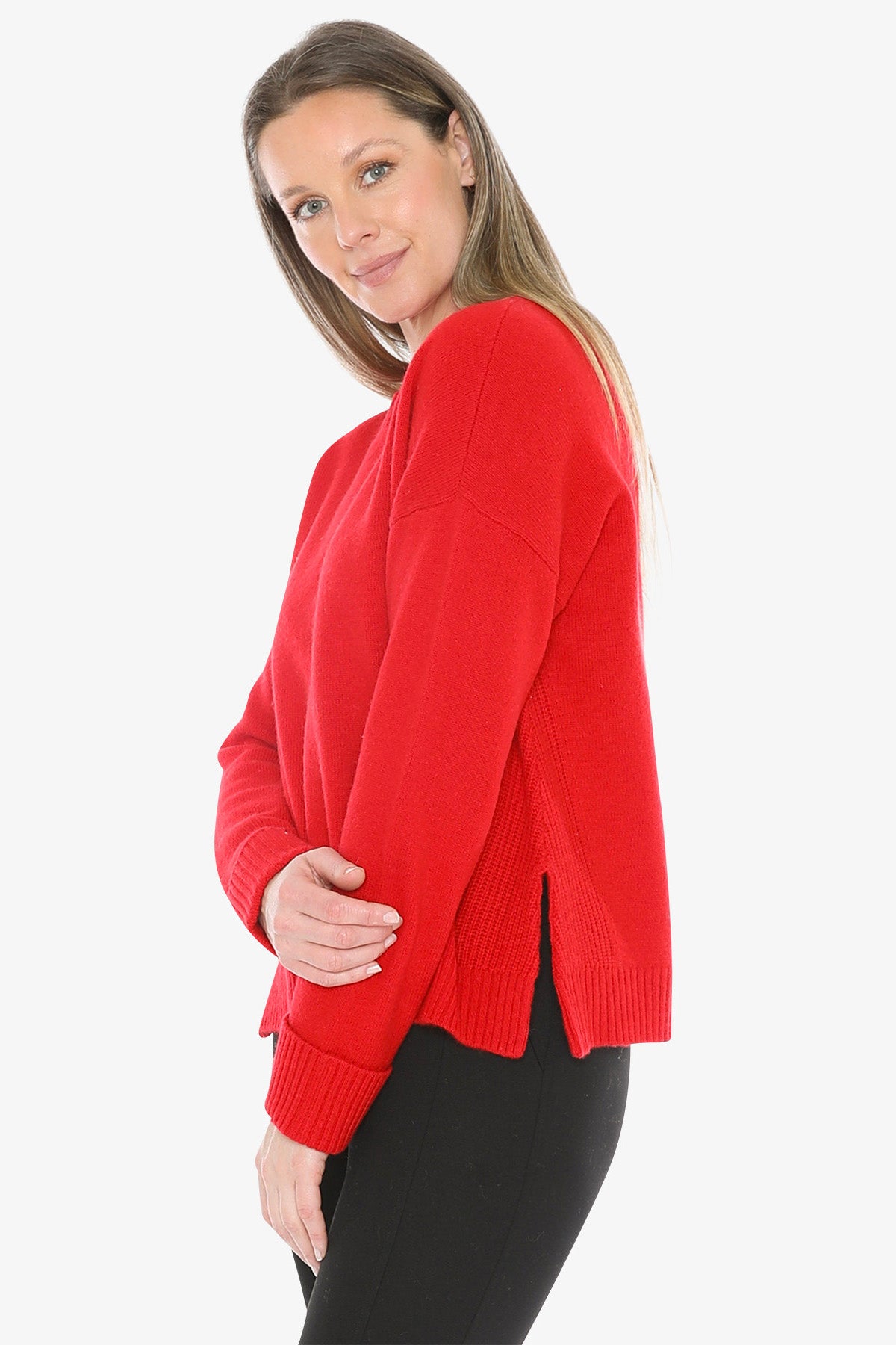 Side Detail Crew Pullover in Cherry