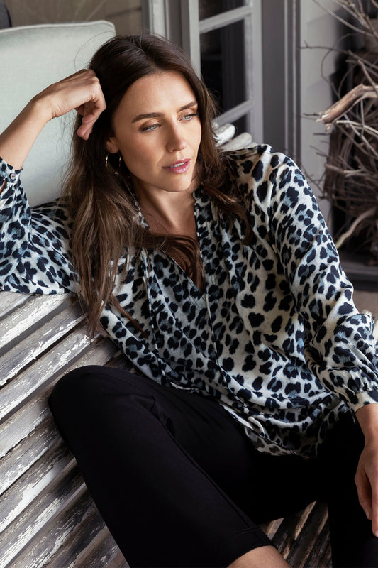 Snow Leopard Ruffle Neck Top in Multi