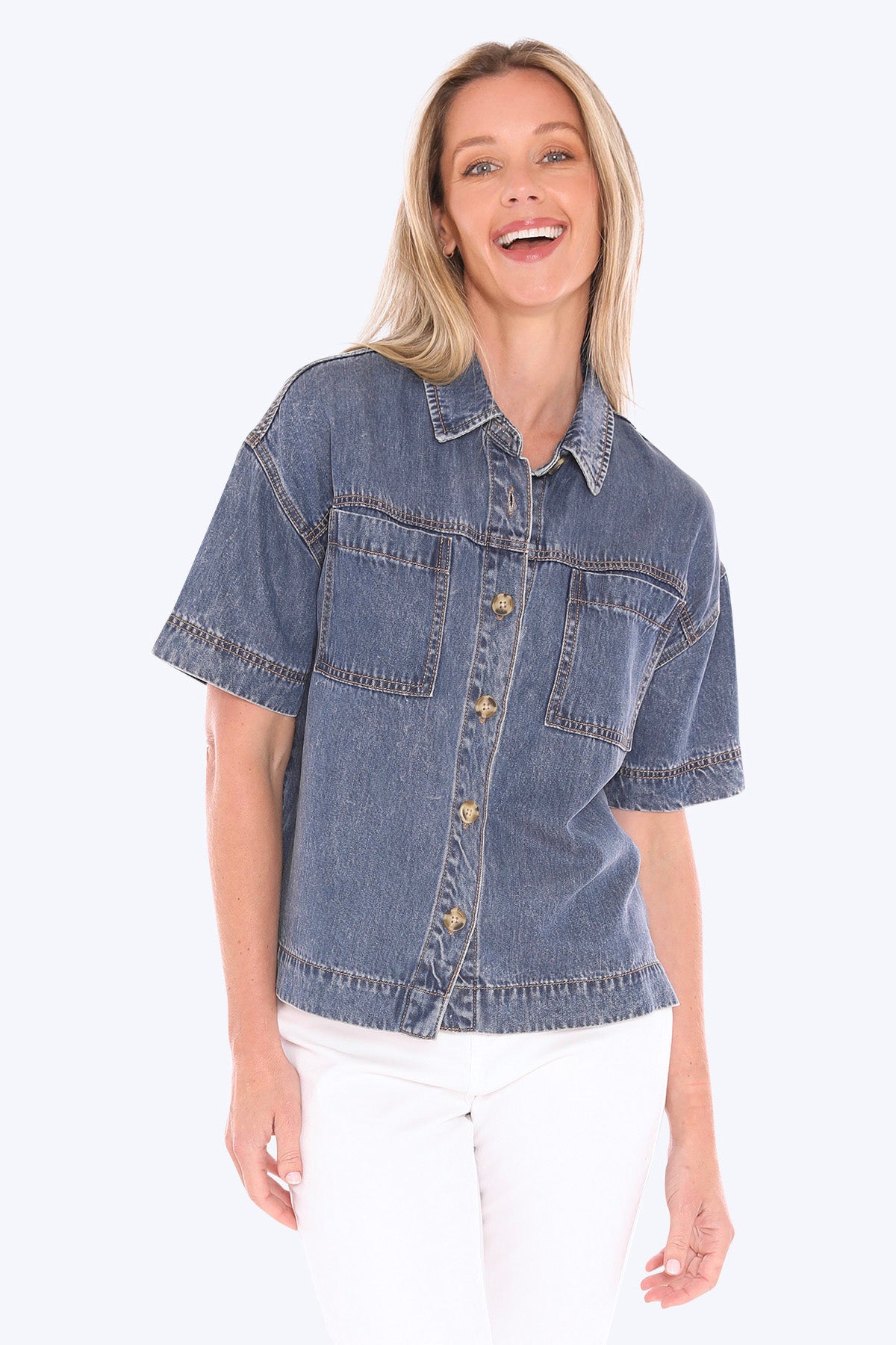 Womens Soft Denim Ss Shirt Blue 596j3125a