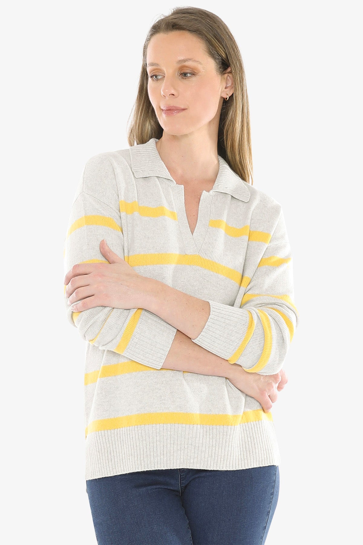 Stripe Collar Pullover in Grey/Sunshine