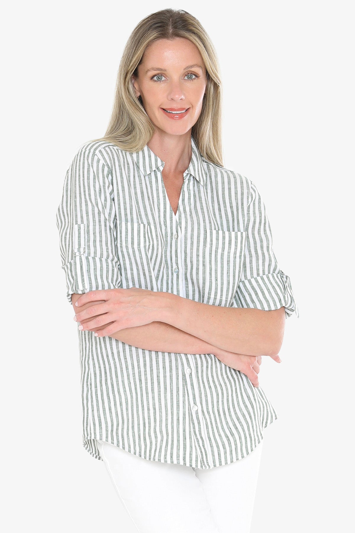 Womens Stripe Linen Shirt Green 596j3093a