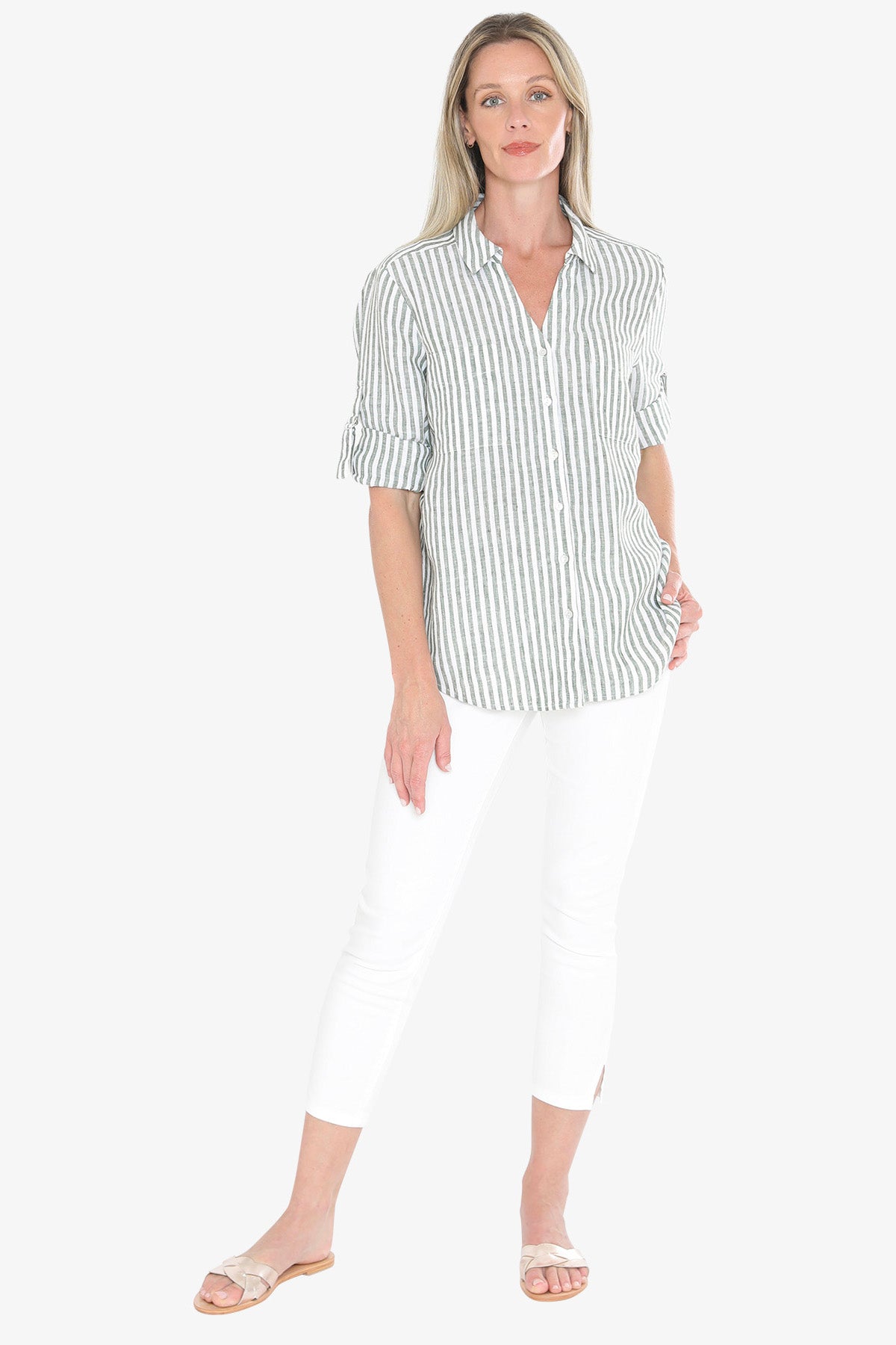 Womens Stripe Linen Shirt Green 596j3093a