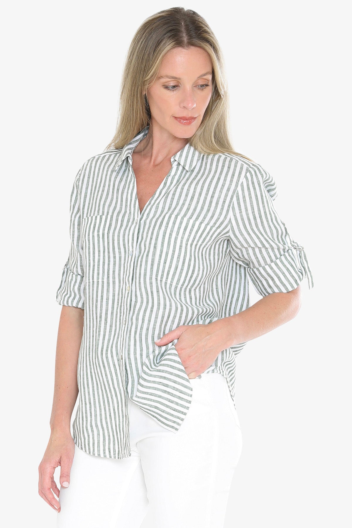 Womens Stripe Linen Shirt Green 596j3093a