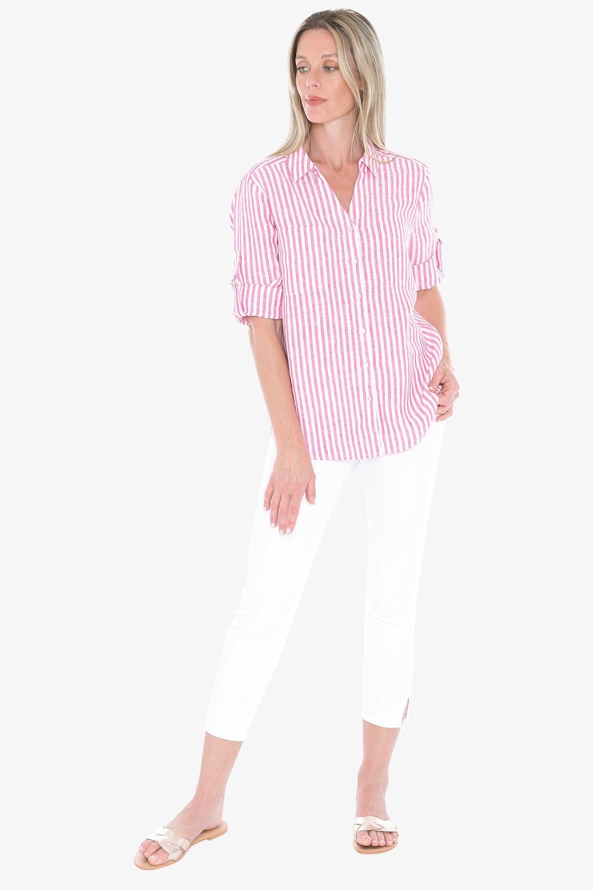 Womens Stripe Linen Shirt Pink 596j3093a