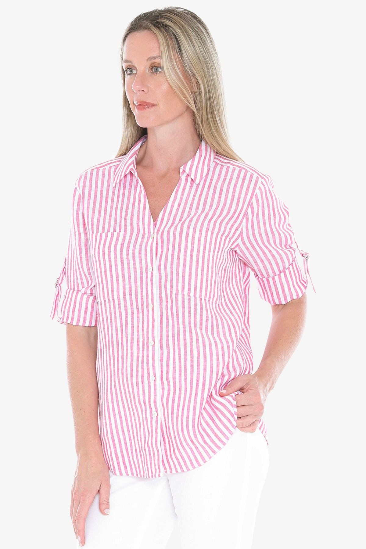 Womens Stripe Linen Shirt Pink 596j3093a