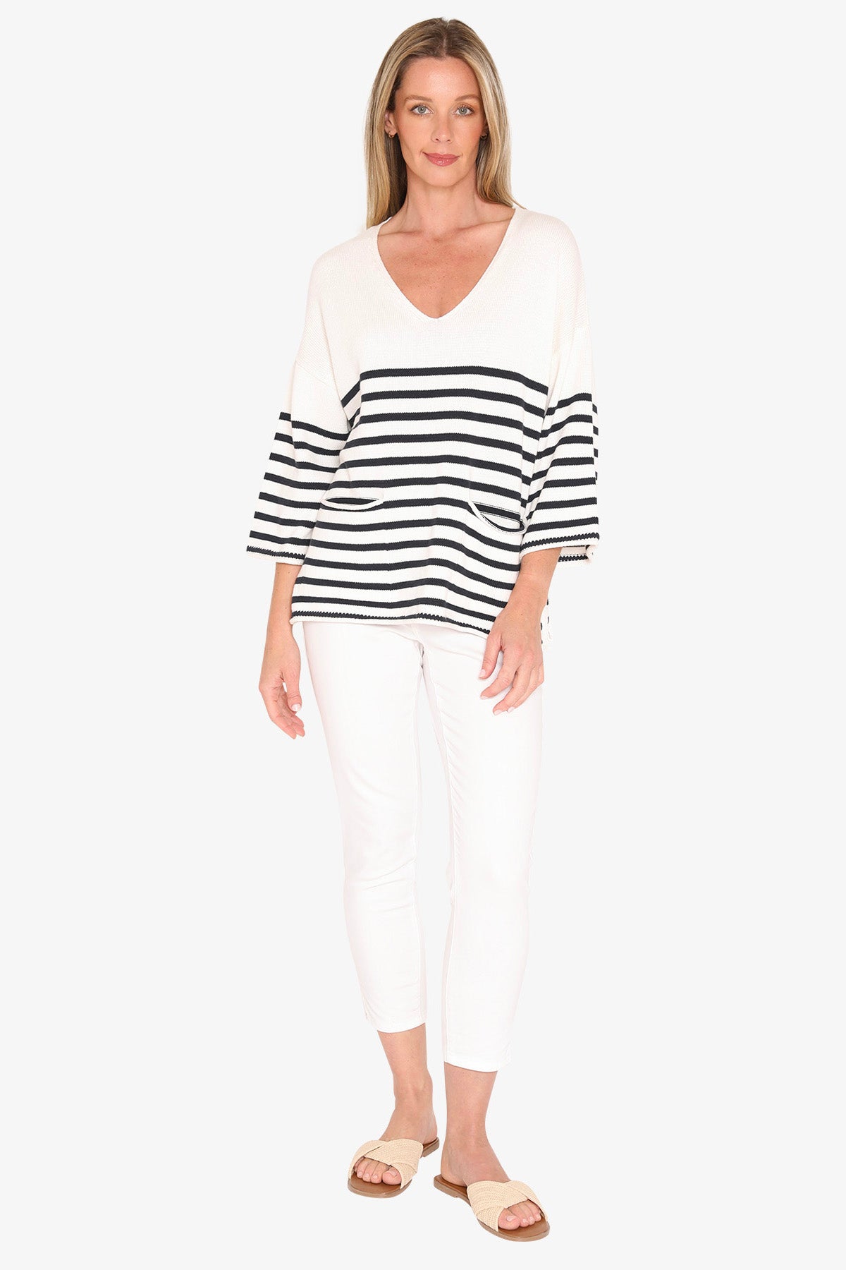 Womens Stripe V Neck Pullover Navy 59611009a