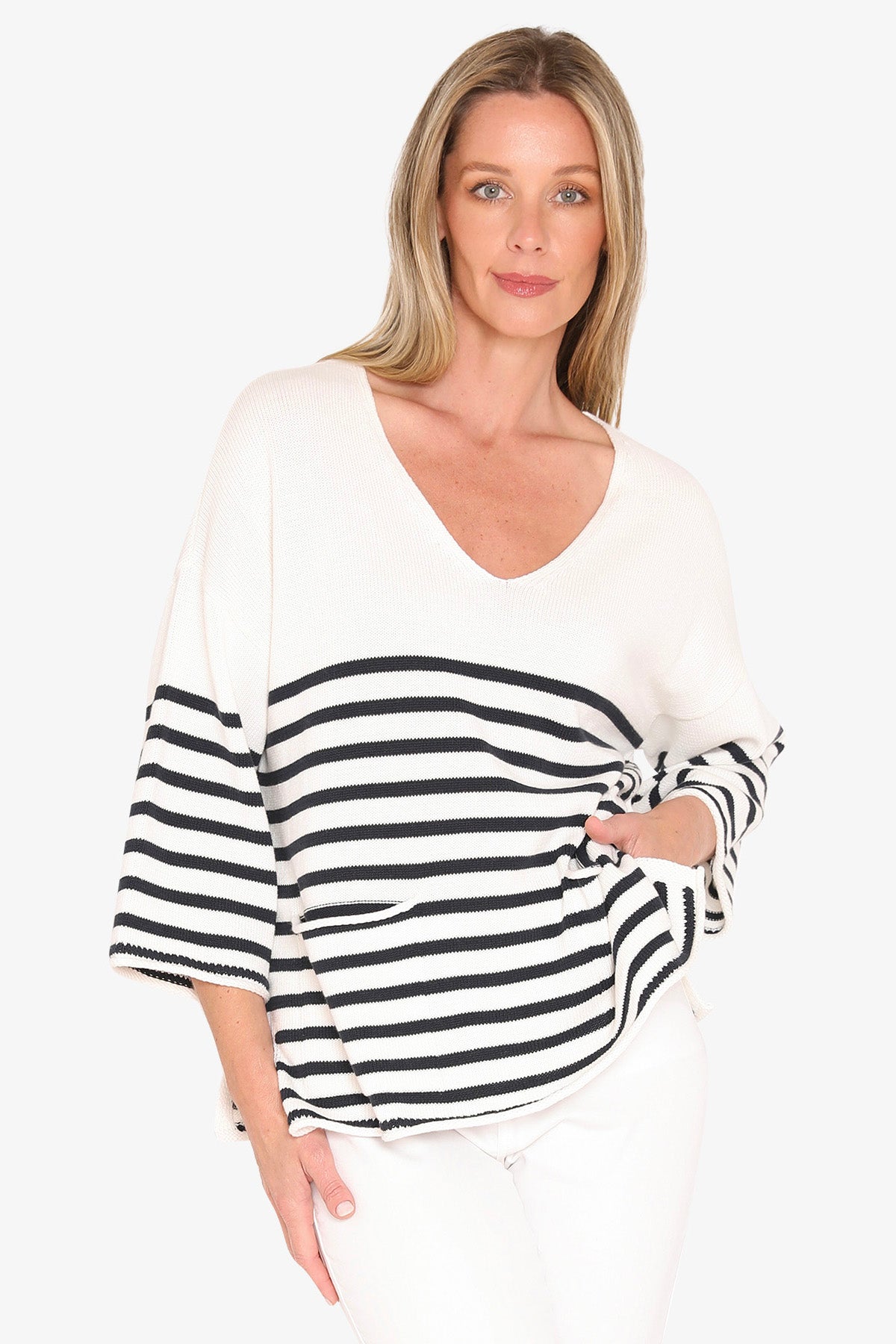 Womens Stripe V Neck Pullover Navy 59611009a
