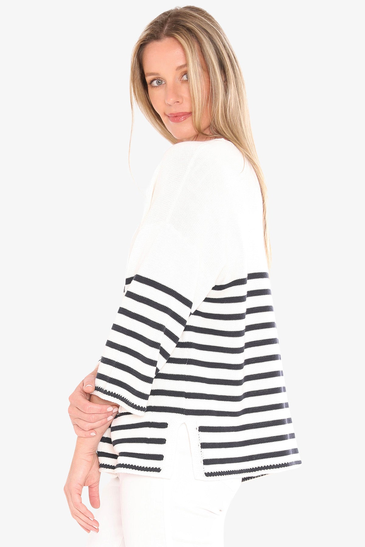Womens Stripe V Neck Pullover Navy 59611009a