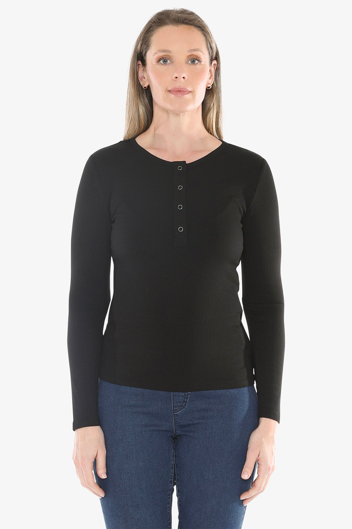 Stud Placket Rib Tee in Black