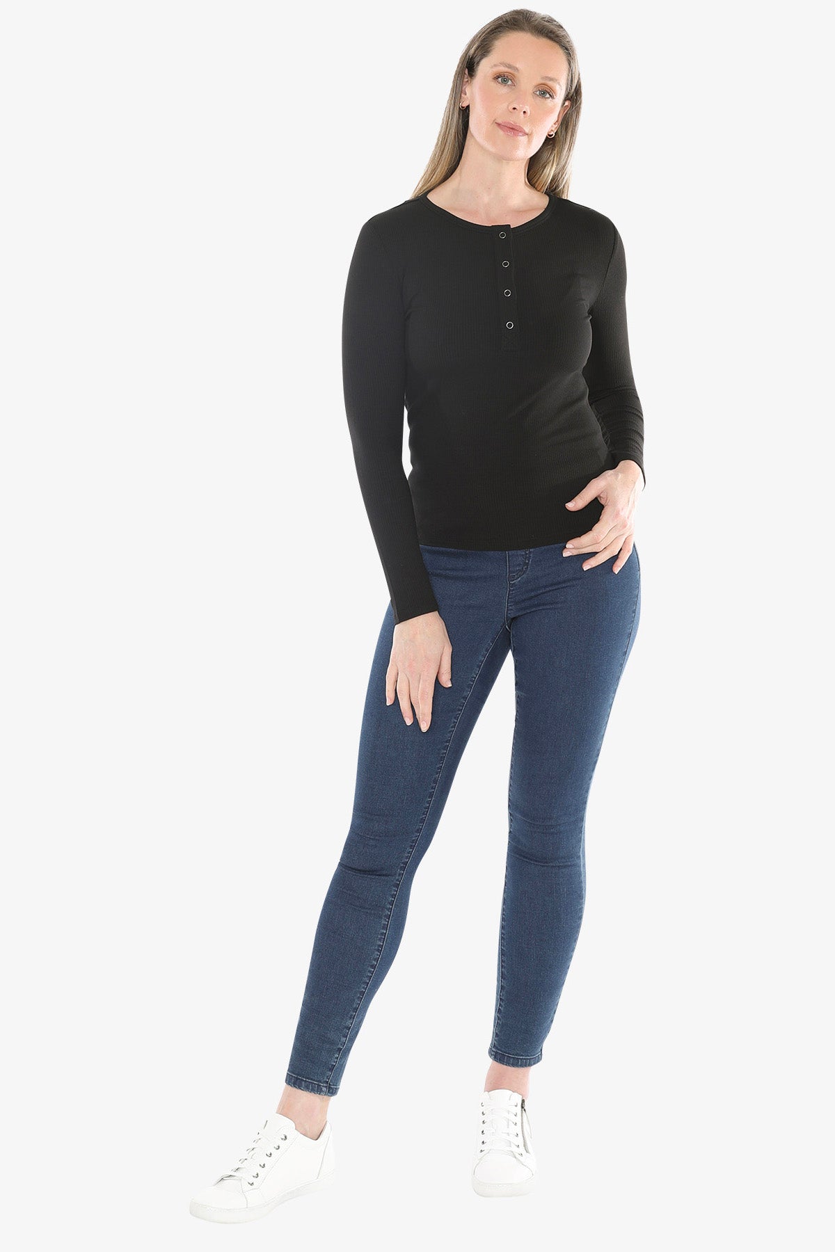 Stud Placket Rib Tee in Black