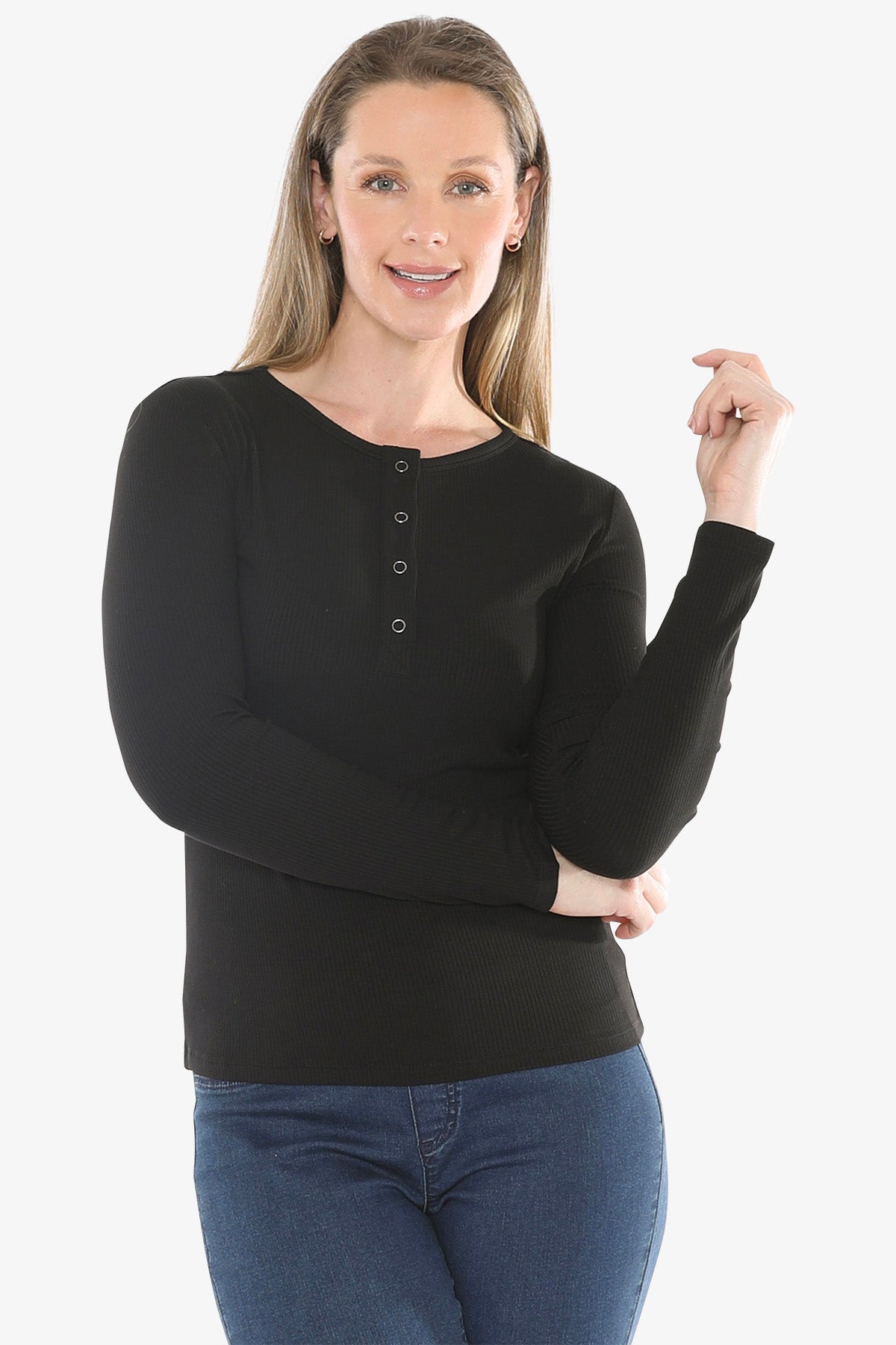 Stud Placket Rib Tee in Black