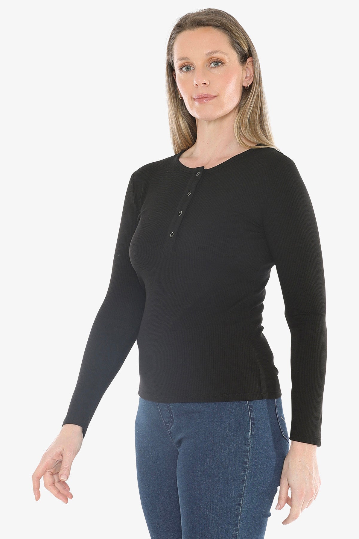 Stud Placket Rib Tee in Black